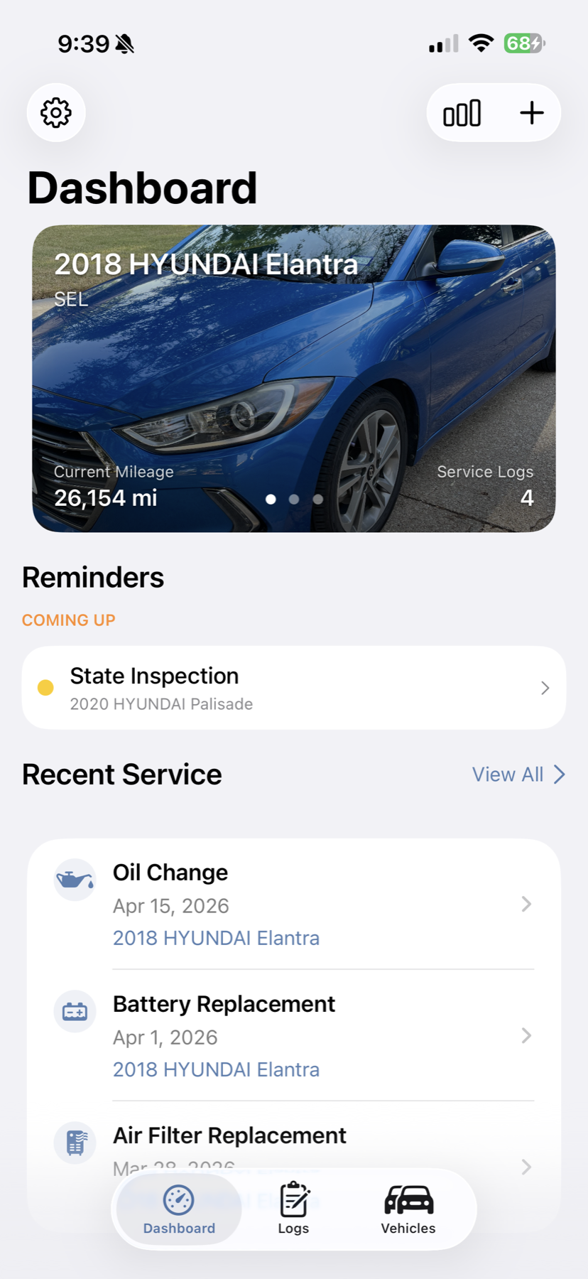 GreaseNote dashboard showing what's due and recent service for one car