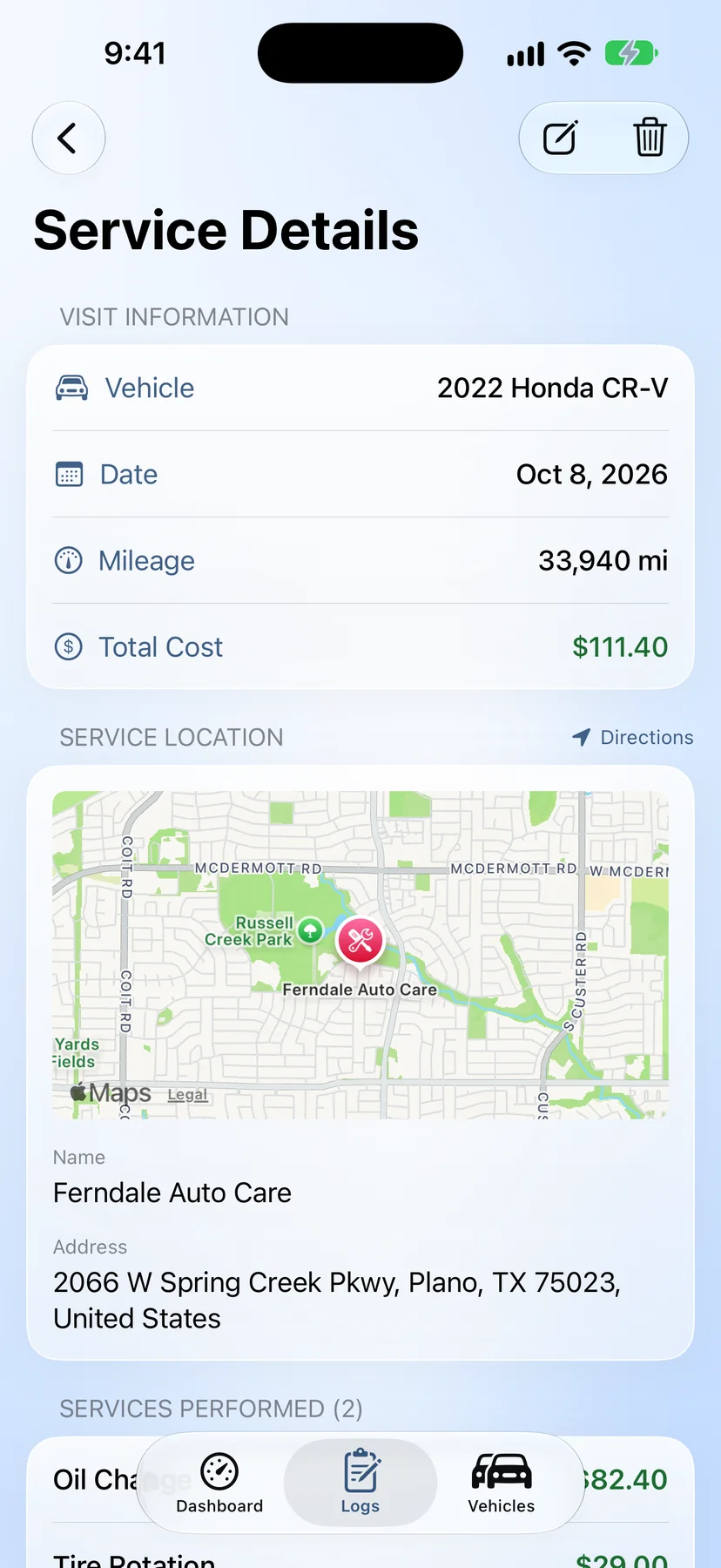 GreaseNote iPhone app service details for a vehicle, with date, mileage, total cost and the repair shop on a map